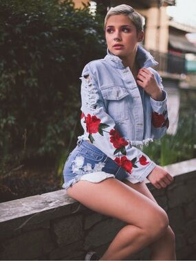 Forever 21 Light Blue Denim Shorts with Red Rose Embroidery